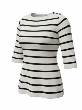 CJ Banks Black and White Striped Knit Boatneck Sweater